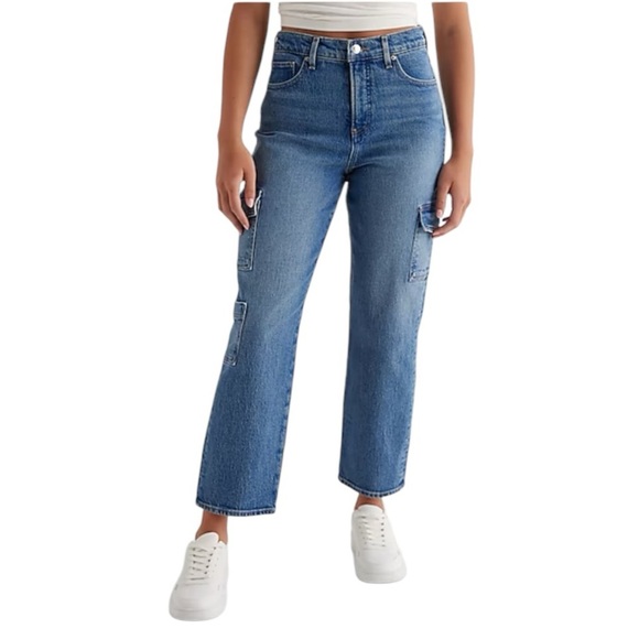 Express - High Waisted Medium Wash Straight Ankle Cargo Jeans Sz 10 Long - Picture 1 of 9